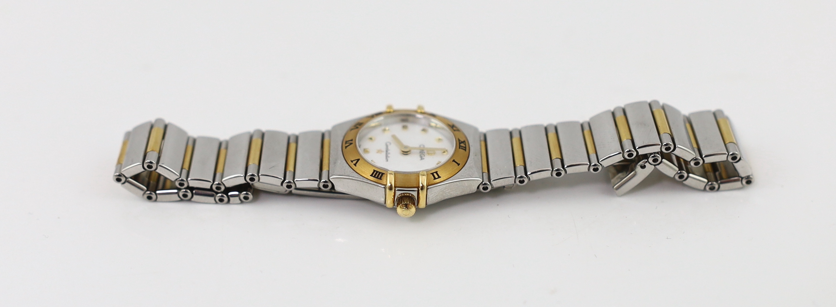 A lady's modern stainless steel and gold plated Omega Constellation quartz wrist watch